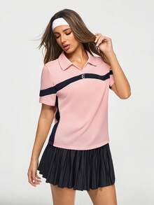 SHEIN Sovereign Charm Camisa polo deportiva de mujer con bloques de color rosa y azul marino, top deportivo de manga corta, ropa deportiva casual de golf y tenis, tenis rosa, tops de tenis, camisa de tenis - Rosa - Ver 4