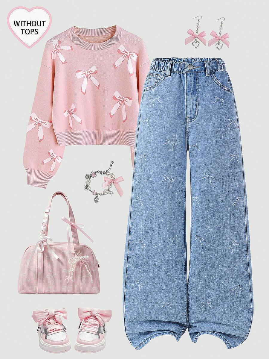 SHEIN Explorewe 少女宽松牛仔裤,浅蓝色牛仔布,休闲舒适,阔腿版型,柔软的牛仔面料如云朵般轻盈,蝴蝶结点缀甜美,弹性腰带穿着舒适,适合上学、休闲外出、约会和户外活动。蝴蝶结印花牛仔裤 - 淺色水洗藍 - 查看 1