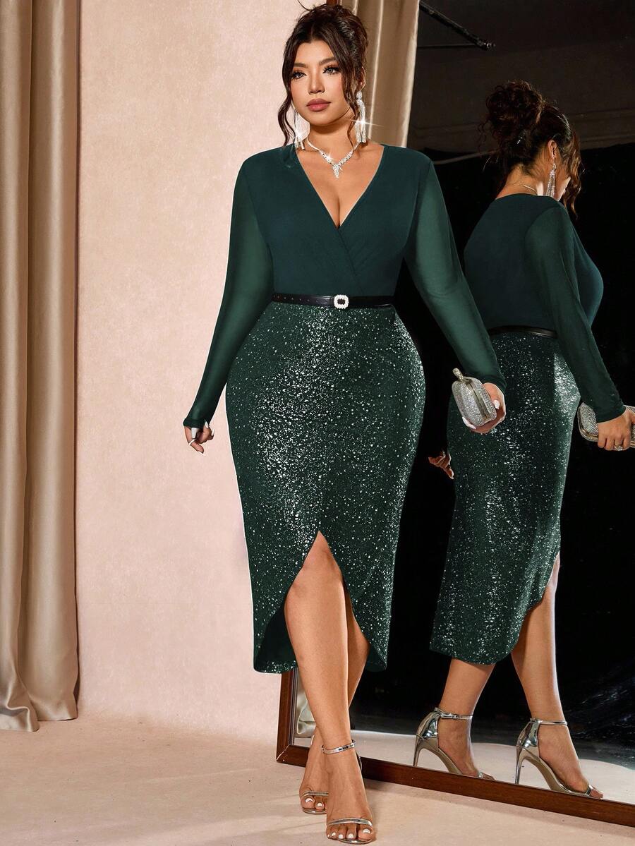 Cravure Đầm ôm sát tay dài cổ chữ V cỡ lớn dành cho nữ, đa năng giúp thon gọn và kéo dài cơ thể, thích hợp mặc hàng ngày và dự tiệc sang trọng - Màu xanh lá cây đậm - Xem 1