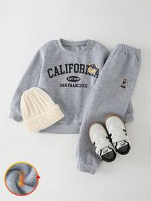 THE HAPPY LOOK 2pcs/Set Young Boy Letter Graphic Soft Knit Crew Neck Long Sleeve Pullover Pullover Sweatshirt And Elastic Waist Jogger Pants - Grey - View 7