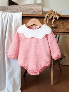 SHEIN Vintaside Kids 女婴简约时尚针织提花灯笼袖连体衣，适合外出和聚会，秋冬季 - 粉色 - 查看 3