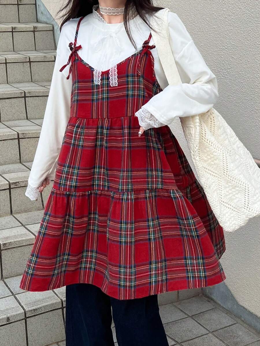 FRIFUL Women's Plaid Strap Bowknot Crisscross A-Line Layered Patchwork Casual Tank Top, Autumn Christmas - Red - View 1