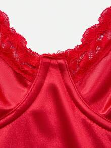 EmpressEnvy Sujetador corto ajustado de mujer con tirantes finos, parches de encaje y unicolor, para Navidad - Rojo - Ver 11