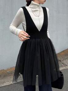 FRIFUL 女士深V领网纱拼接荷叶边下摆无袖针织上衣，秋冬款 - 黑色 - 查看 5