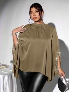 Firerie 中式立领斗篷式宽松蝙蝠袖衬衫，珍珠亮片装饰，优雅大码女式衬衫，适合情人节、音乐会、演出、约会、正式场合、通勤、返校、浪漫、办公室穿着、美人鱼风格、生日派对 - 卡其色 - 查看 4