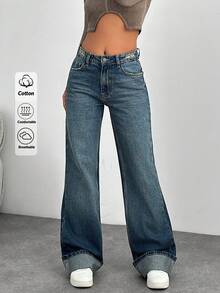 EURMUSE Women's Mid-Rise Washed Comfortable Breathable Slant Pocket Loose Wide-Leg Jeans - Medium Wash - View 2