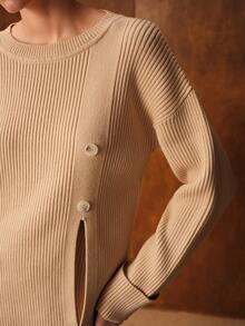 MOTF PREMIUM ENSEMBLE PULL OVERSIZE À ÉPAULES TOMBANTES EN TRICOT CÔTELÉ AVEC OURLET FENDU ET PANTALON LARGE EN TRICOT - Nude - Voir 3