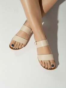 Sandalias planas casuales de mujer con tiras anchas, punta abierta, estilo minimalista para playa y uso diario - Blanco - Ver 3