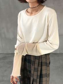 FRIFUL 女士圆领插肩拼接撞色薄纱长袖宽松休闲套头卫衣，适合秋季穿着 - 米色 - 查看 5