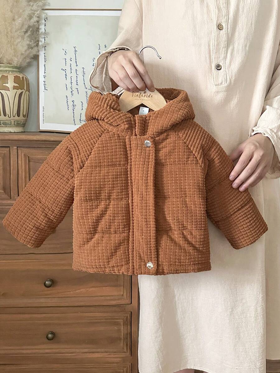 SHEIN Vintaside Kids Babygirl Baby GirlWinter Long Sleeve Hooded Jacket, Cute, Fashionable, Versatile, Perfect For Outdoor Travel, Provides Sufficient Cold Protection, Stylish And Practical - Khaki - View 1