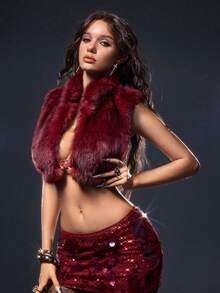 ROMWE Grunge Punk Y2K性感露背毛绒吊带短款上衣 - 紅色 - 查看 2