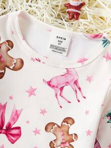 Mädchen Weihnachts-Hirsch, Weihnachtsbaum, Weihnachtsgeschenk, Weihnachtsschleife, Lebkuchen-Element Crew Neck Langarm Hose Pyjama Set, geeignet für Weihnachtsferien Zuhause - Verschiedenfarbig - Übersicht 5