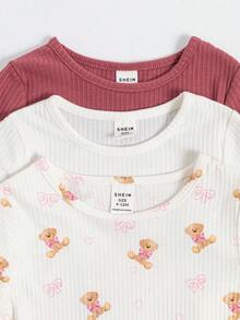 SHEIN 3件套可爱舒适休闲卡通熊针织罗纹T恤套装，适合女婴，秋冬季 - 彩色 - 查看 6
