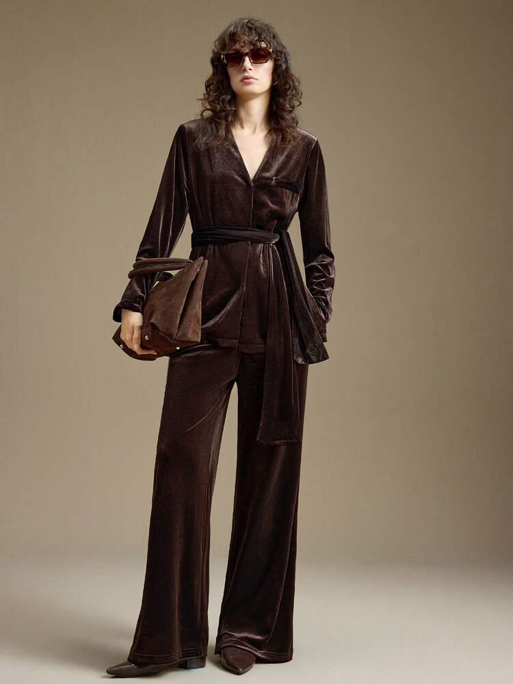 Women's Dark Brown Velvet Blazer And Relaxed Straight Leg Suit Pants With Belt,Elegant High-End 2 Piece Sets For Summer,Dining,Party & Business Wear