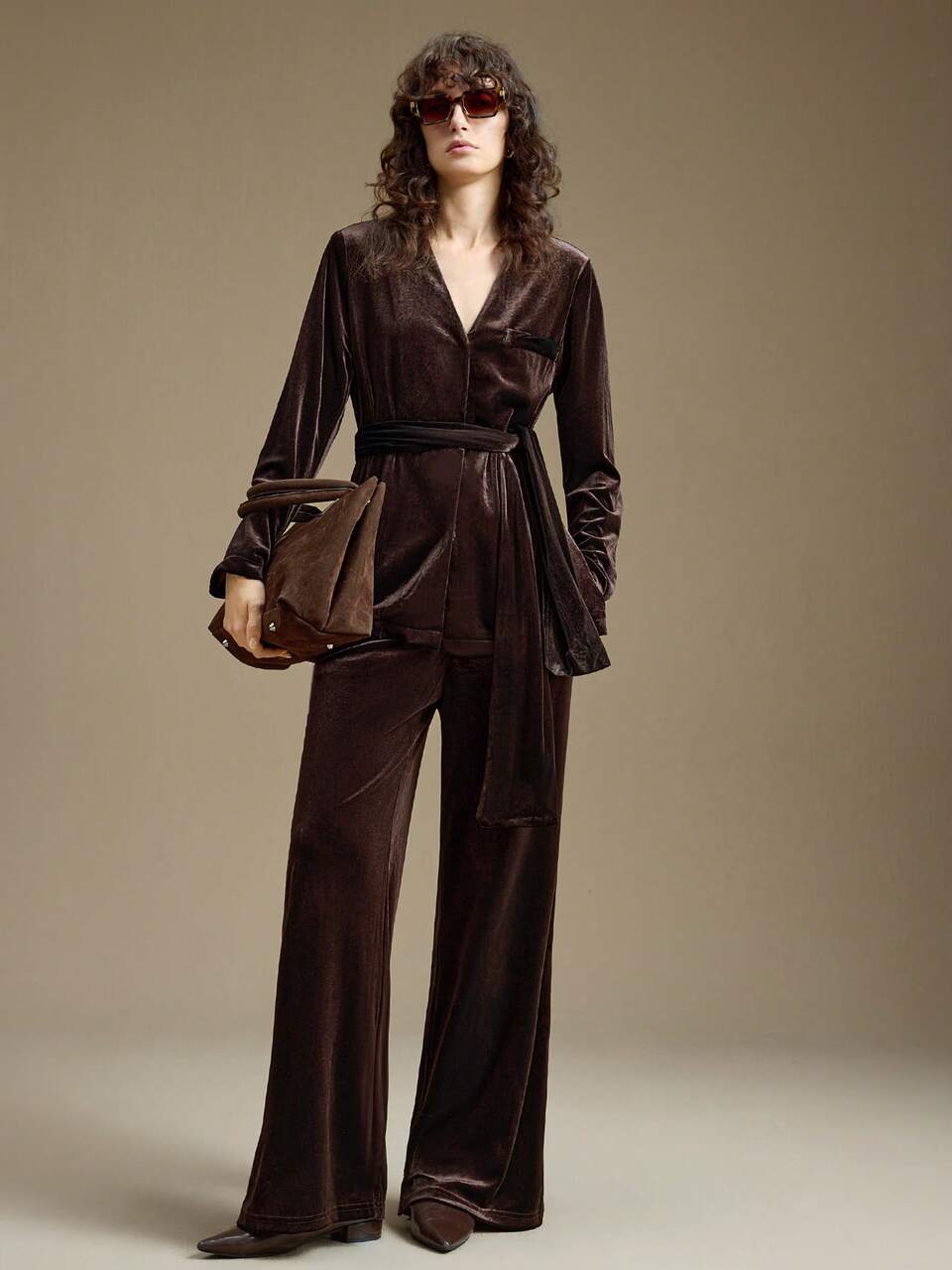 Women's Dark Brown Velvet Blazer And Relaxed Straight Leg Suit Pants With Belt,Elegant High-End 2 Pieces Sets For Summer,Dining,Party & Business Wear
