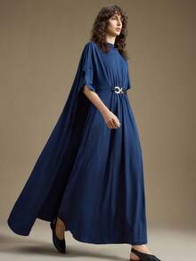 Ontre 女士纯色立领褶皱金属环装饰连衣裙 - 寶藍色 - 查看 4