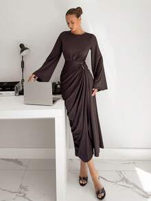 Siren Gaze Women's Dark Brown Elegant Long Sleeve Round Neck Flare Sleeve Pleated Side Slit Hem Fitted Dress,Autumn Fashionable Dining Chocolate Coffee Brown - Brown - View 1