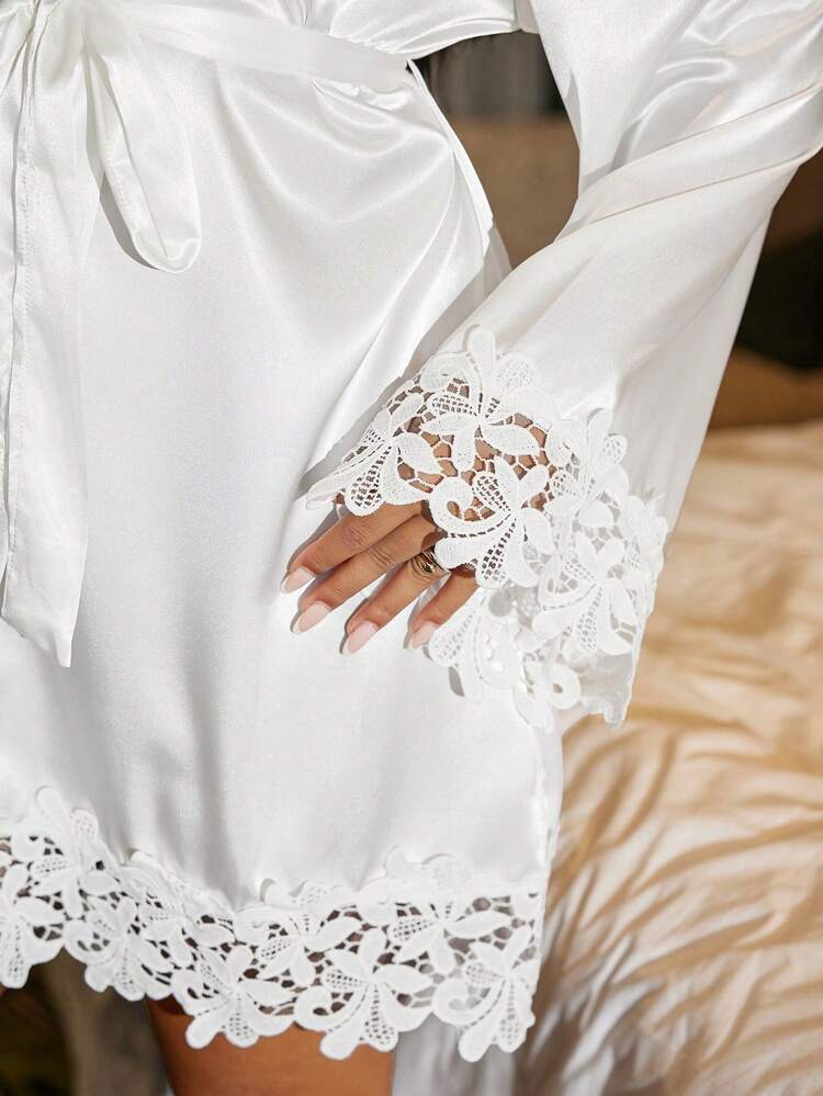 SilkySpell Plus Size Valentine's Day Lace Trim Embroidered Sexy Solid Color Satin Women Robe, For Fall & Winter - White - View 6