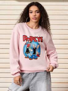 Popeye X SHEIN Women's Casual Letter & Cartoon Pattern Round Neck Drop Shoulder Sweatshirt, Autumn - Pink - View 3