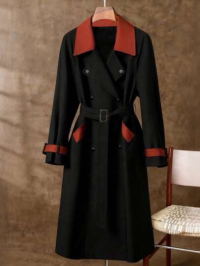 GlowEve CURVE Plus Size British Style Trench Coat, 2025 New Autumn Mid-Length Patchwork High-End Black Coat, Personalized Contrast Color Elegant Waist Coat