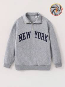 Sweat-shirt-shirt décontracté à demi-zip et col montant avec motif floral gris pour adolescentes et préadolescentes, Sweat-shirt-shirt ample à manches longues avec imprimé graphique minimaliste classique "New York", col rond épais, adapté pour l'automne/l'hiver - Gris - Voir 3