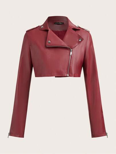 SHEIN ICON Zip Up Crop PU Leather Moto Jacket In Fall/Winter
