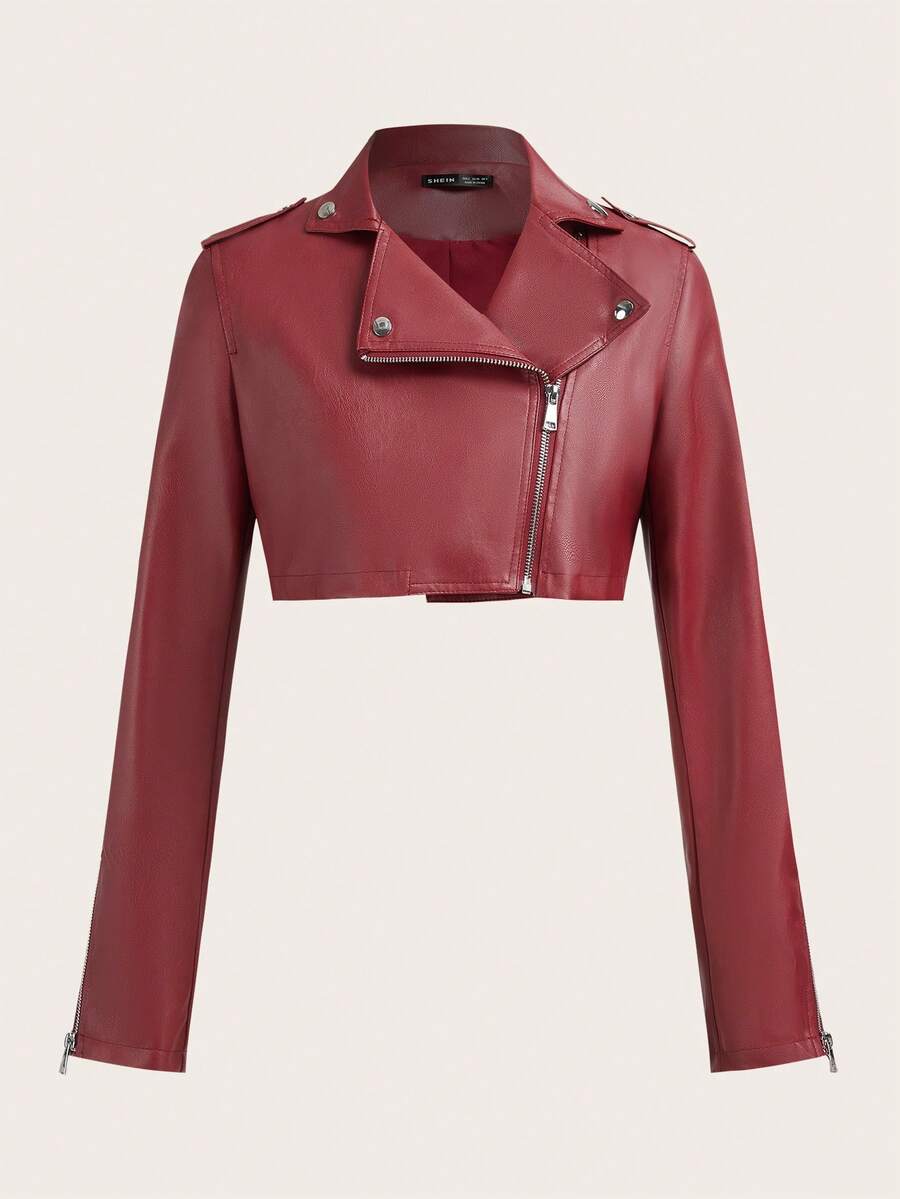SHEIN ICON Zip Up Crop PU Leather Moto Jacket In Fall/Winter - Burgundy - View 1