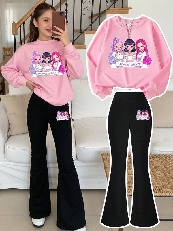 2pcs/Set Girls Casual K-Pop Cartoon Character Graphic Print Pink Sweatshirt And Black Leggings Set, Autumn/Winter Outfit, Ideal For K-Pop Fans And Everyday Wear Bell Bottoms Girl 2 Piece Set Bell Bottom Outfits Girls Girl Long Sleeves Outfits Girl 2 Piece Sets E Girl Clothes