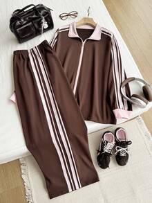 Comfortcana Set casual sportivo da 2 pezzi in tessuto marrone per taglie comode - Castano - Visualizzare 7