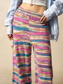 Bohemela 女士弹力腰带彩色条纹荷叶边阔腿休闲针织裤，秋冬条纹针织裤嬉皮风针织裤宽松波西米亚风裤 - 彩色 - 查看 3
