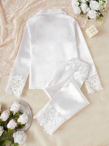 2-delars premium enfärgade nattkläder för kvinnor, långärmad topp och byxor, bekväma loungekläder - Vitt - Visa 2