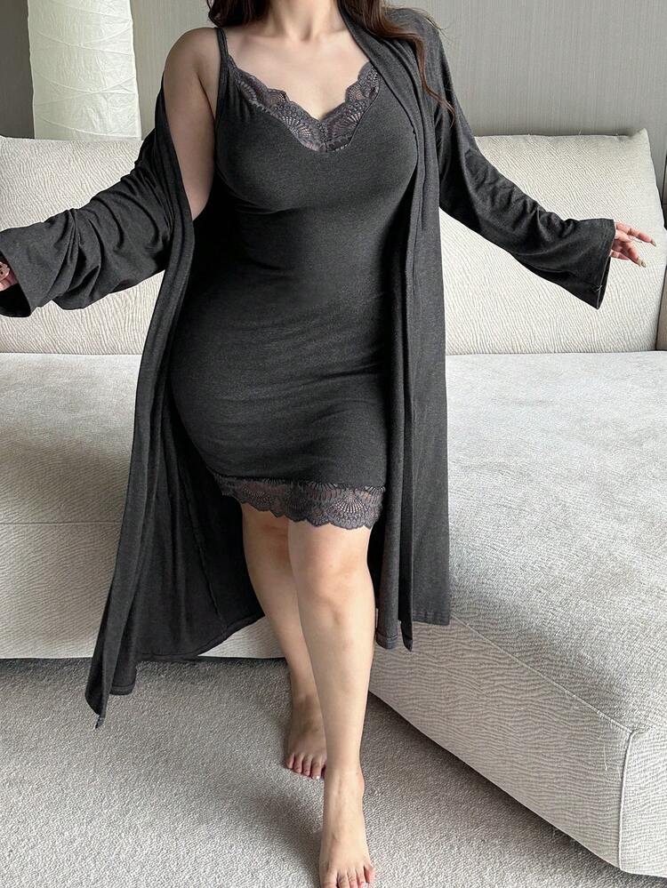 Dazy Plus 大码女式简约纯色撞色蕾丝吊带睡裙长袖睡袍套装，春秋季、秋冬季服装 - 深灰色 - 查看 6