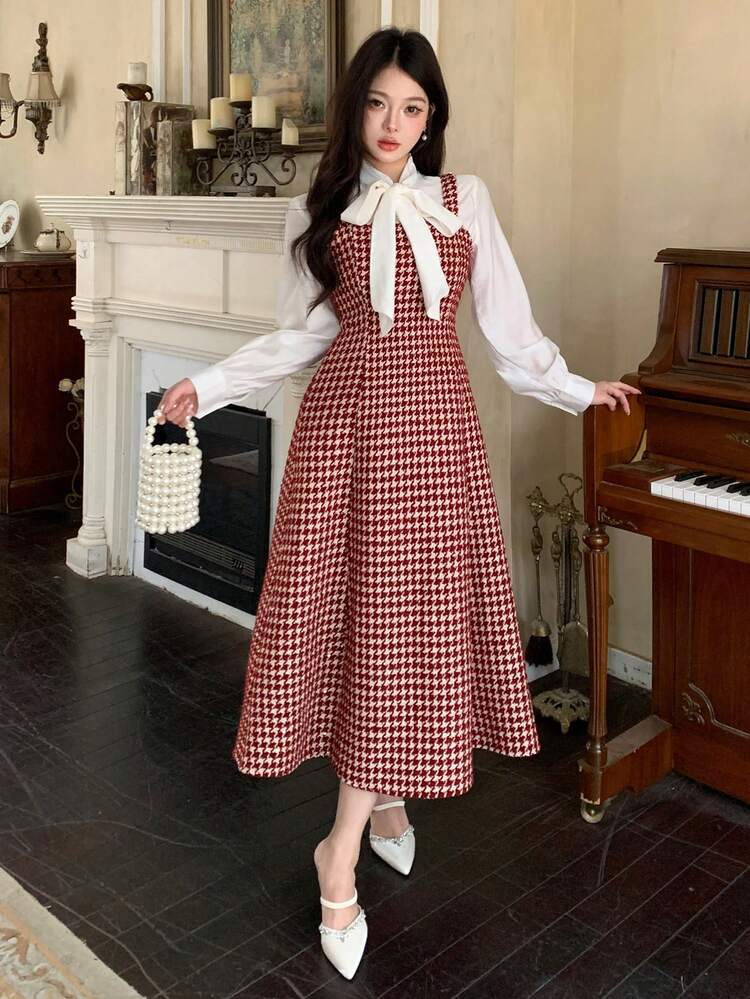Elegant Red Houndstooth Print Sleeveless Midi Dress For Women, Autumn