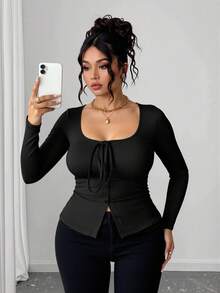 Elenzga 大码合身休闲前系带蝴蝶结纽扣T恤 - 黑色 - 查看 4