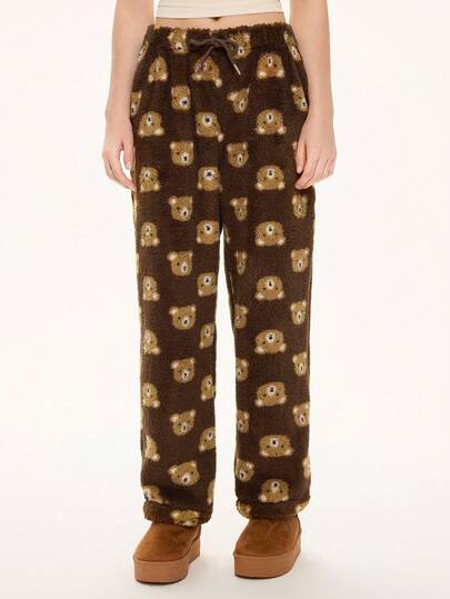 Kawaii Cute Bear Pattern Drawstring Elastic Waist Fleece Casual Pants
