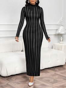 SHEIN Lady 女士时尚通勤条纹印花侧开衩修身长裙 - 黑色 - 查看 4