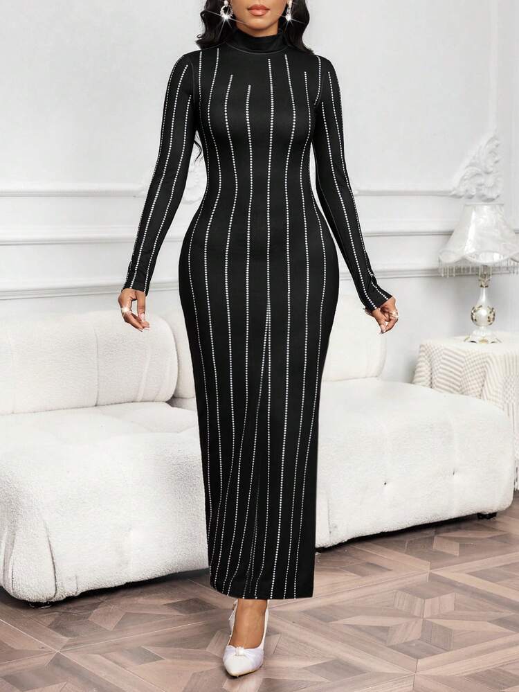 SHEIN Lady 女士时尚通勤条纹印花侧开衩修身长裙 - 黑色 - 查看 4