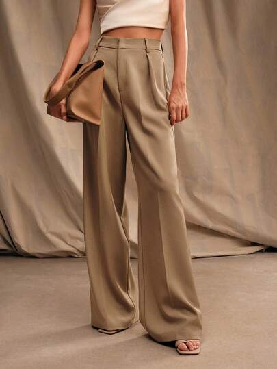 Anewsta Tall Elegant Stylish Pleated Design Khaki Women's Straight Leg Pants With Pockets, Suitable For Tall, Fall, Winter, Summer, Spring, New Year, Party, Wedding, Elegant, Chic, Stylish, Business Casual