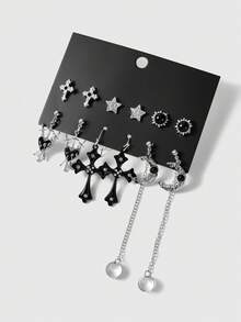 ROMWE Goth 6 对哥特式十字架、向日葵、五角星、新月、乌鸦、五角星、骷髅设计万圣节时尚耳环套装 - 彩色 - 查看 12
