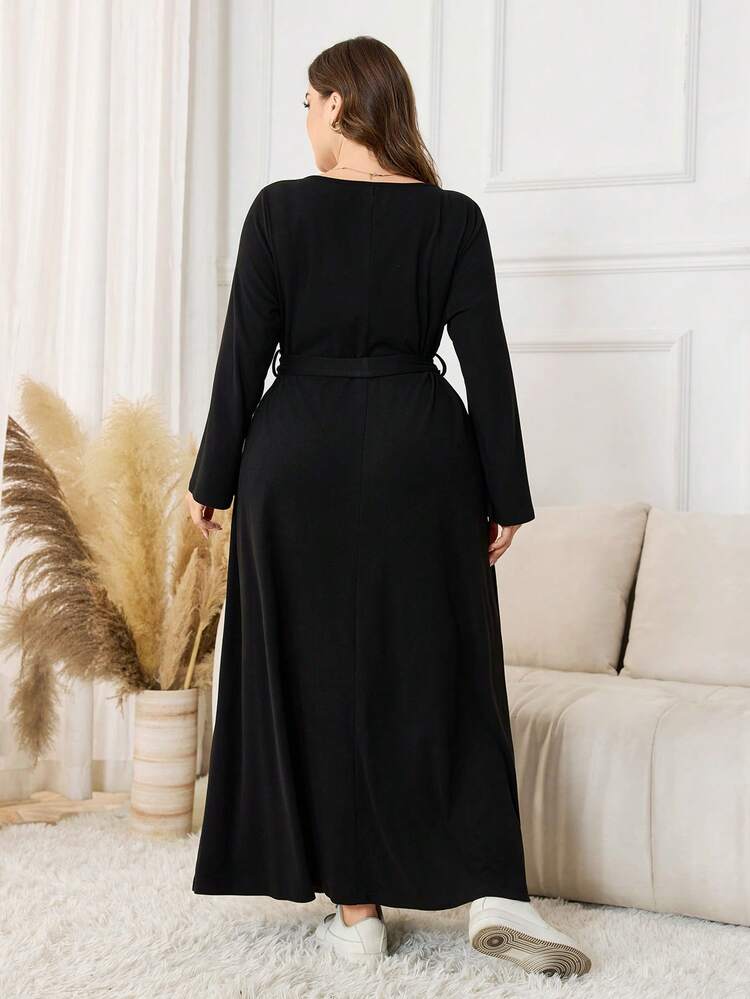 Lacomfia 大码女式休闲针织拼接格子腰带连衣裙 - 黑色 - 查看 2