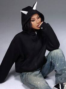 Bloopia Women's Casual Long Sleeve Hoodie Jacket With Dog Ear Design And Zipper Pockets - Black - View 1