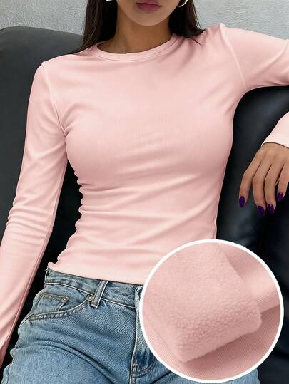 FRIFUL Camiseta casual de mujer de manga larga raglán de cuello redondo, de unicolor, de ajuste ceñido y cálida de felpa