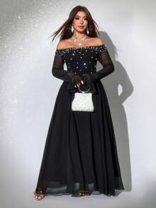 Viva Relle Plus Size Women's Elegant Black Autumn Formal Evening Beaded Off Shoulder Chiffon Patchwork Long Sleeve Flowing Maxi Dress For Prom Gown - Black - View 4