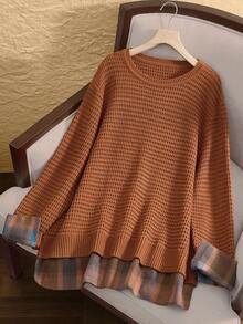 Rusticease 大码女式格子拼接圆领长袖休闲宽松套头毛衣，秋冬橙色毛衣乡村风格乡村音乐会 - 鏽棕色 - 查看 8