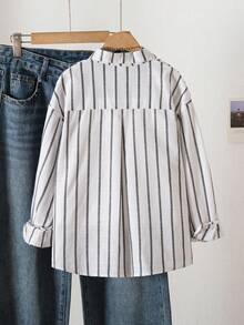 SHEIN 少女休闲条纹前开襟落肩衬衫，秋季款 - 藍色 - 查看 2