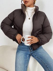 SHEIN Frenchy Women's Solid Color High Collar Winter Thermal Lined Zip-Up Long Sleeve Padded Coat Brown Casual