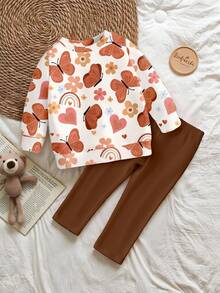 Estilos acogedores de otoño e invierno Conjunto de ropa informal de 2 piezas para niña joven con estampado gráfico de mariposa, flor, arcoíris y corazón, suéter y leggings minimalistas y lindos