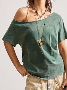 Bohemela 波西米亚风度假风不对称肩部纯色针织宽松圆领女式T恤 - 綠色 - 查看 4