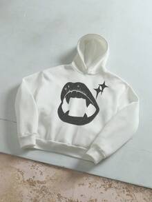 Manfinity ZONE917 Men's Street Hip Hop Vampire Teeth Print Loose Cropped Drop Shoulder Hoodie Hoodie With Fangs White Graphic Hoodie Vampire Fangs Hoodie