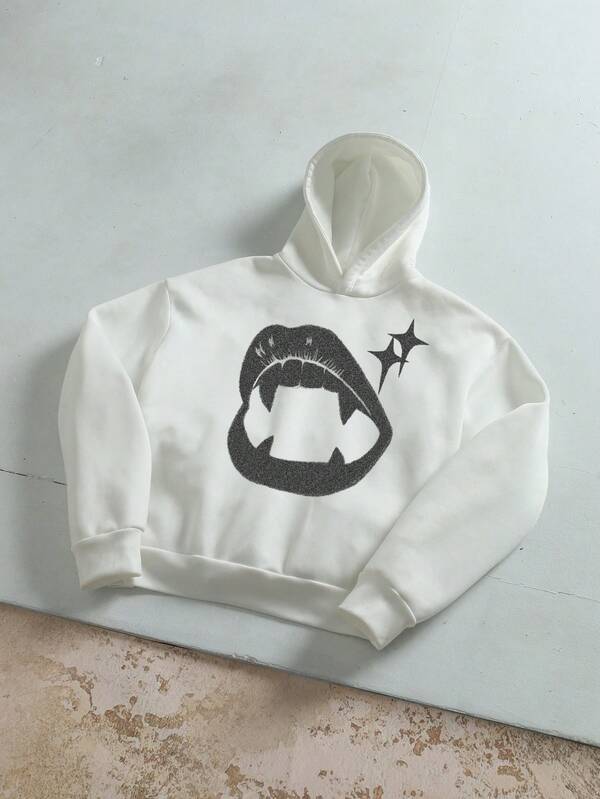 Manfinity ZONE917 Men's Street Hip Hop Vampire Teeth Print Loose Cropped Drop Shoulder Hoodie Hoodie With Fangs